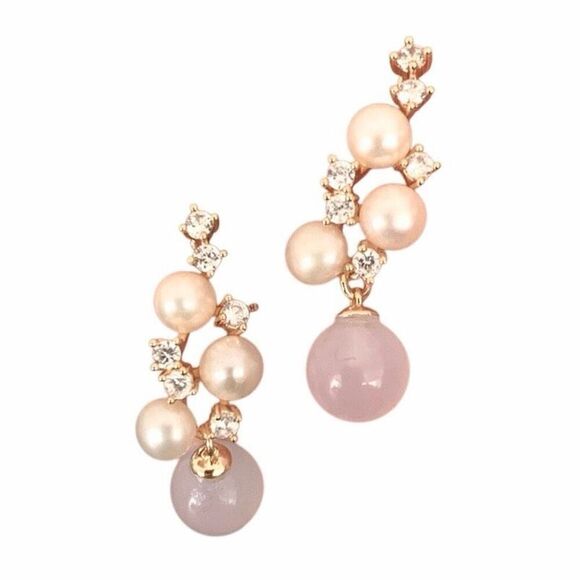 Purple Chalcedony & Real Pearl Drop Earrings with Rhinestones Vintage Style Gift - Picture 1 of 8